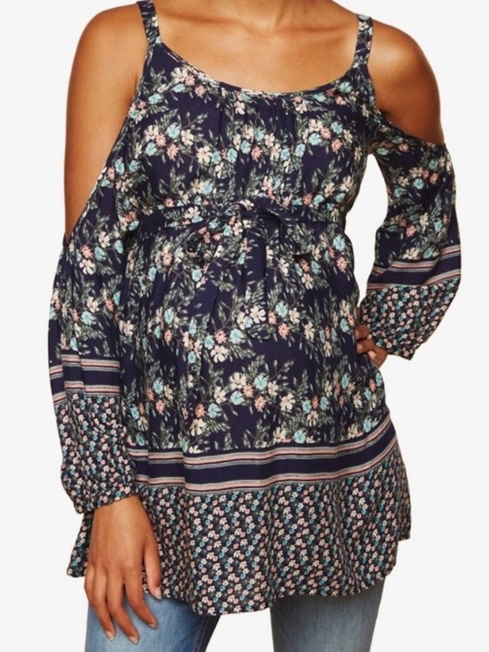 Motherhood Navy Floral Cold-Shoulder Maternity Tunic Top, Boho